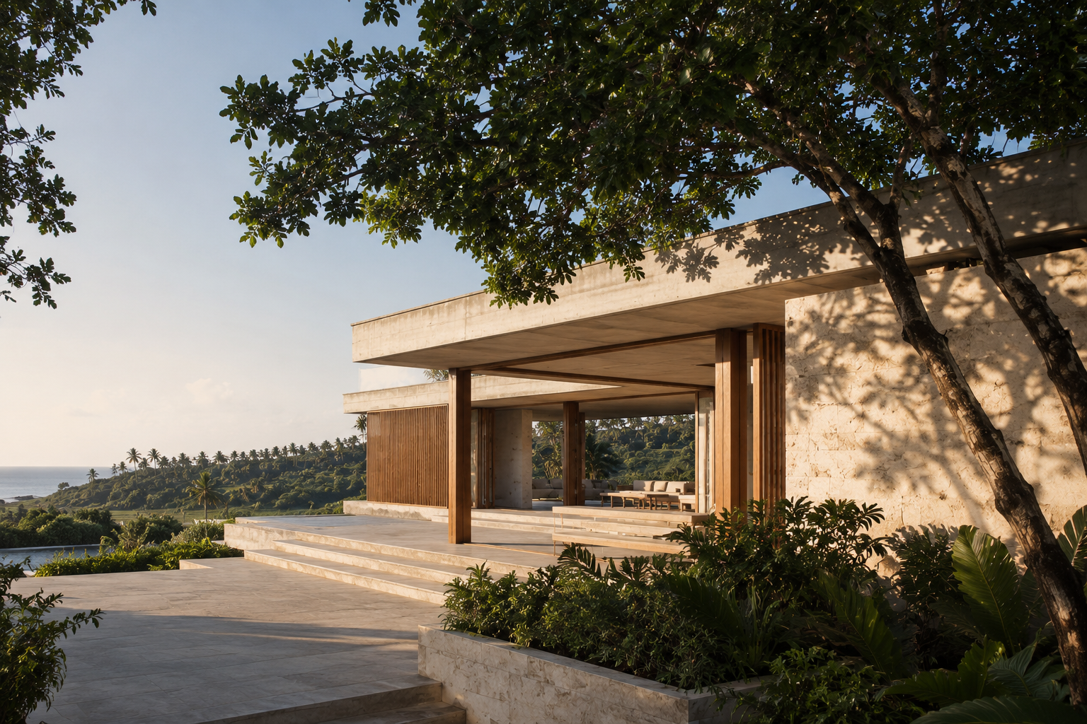 Contemporary courtyard house with concrete architecture and tropical planting